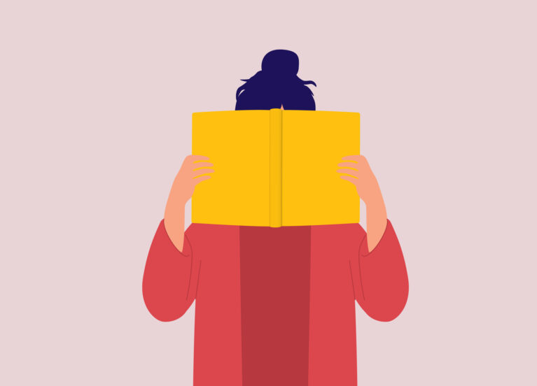 Young Woman Holding Yellow Book Cover. One Young Woman Holding A Book With Yellow Blank Cover. Isolated On Color Background.