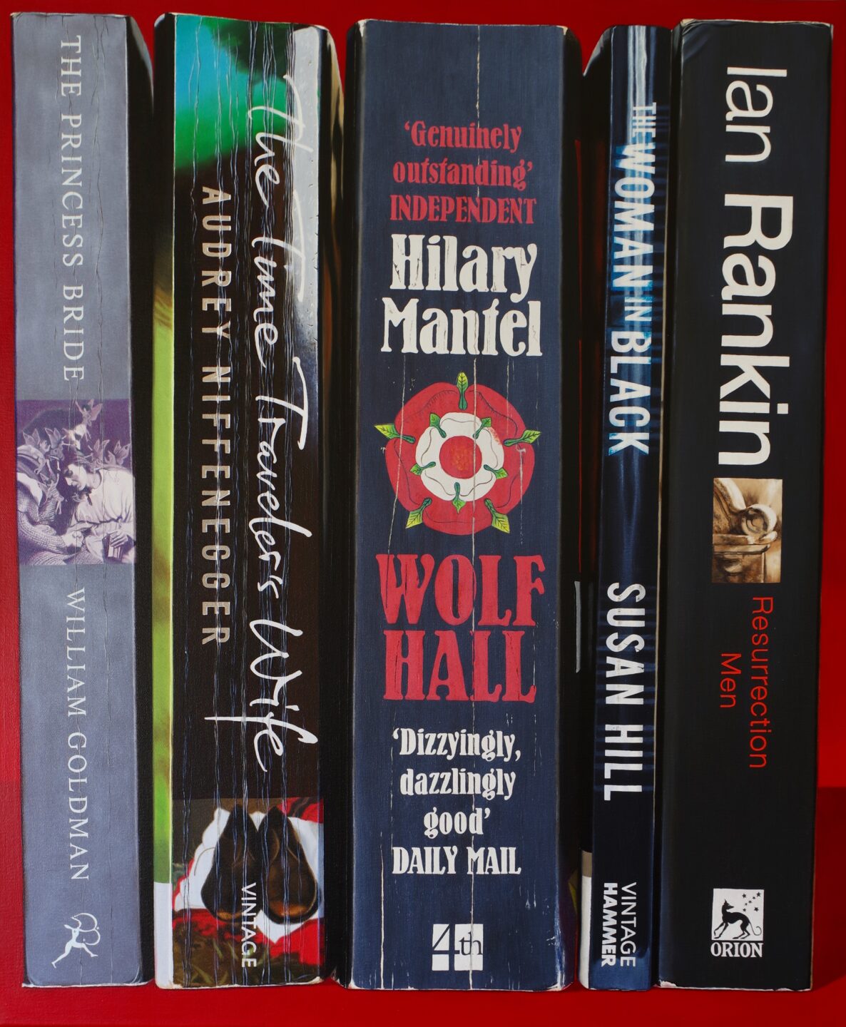 A life-like painting of a number of books. Their spines are facing outwards towards the viewer.