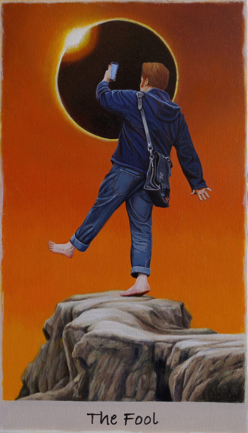A modern interpretation of 'The Fool' Tarot card. A man stands on the edge of a cliff. He is so distracted by his mobile phone that he risks falling.