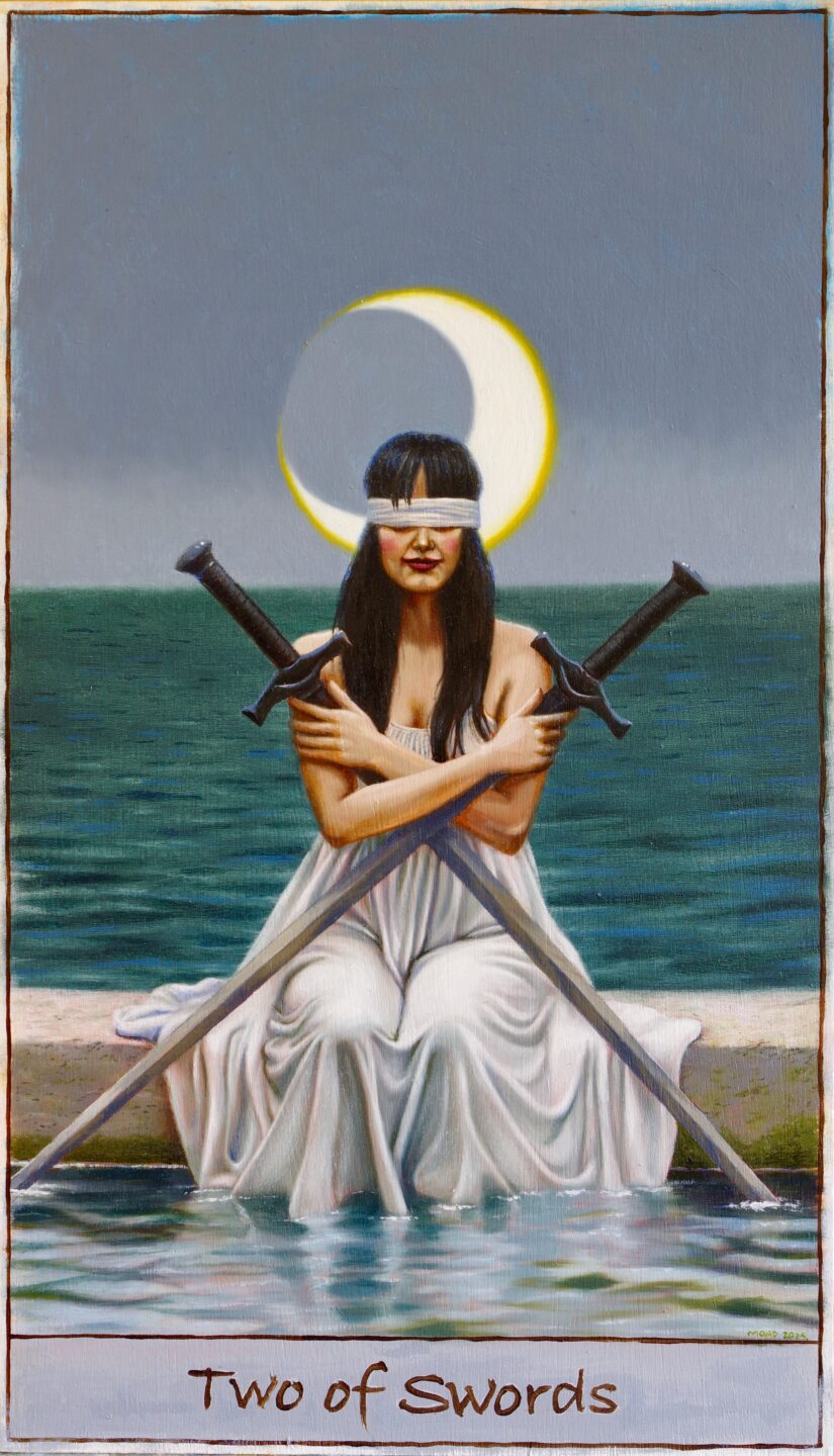 A modern reinterpretation of the 'Two of Swords' Tarot card. A blindfolded woman clutches two swords that form a large X in front of her.