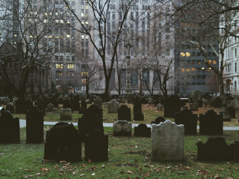 An image of a graveyard with large skyscrapers in the background